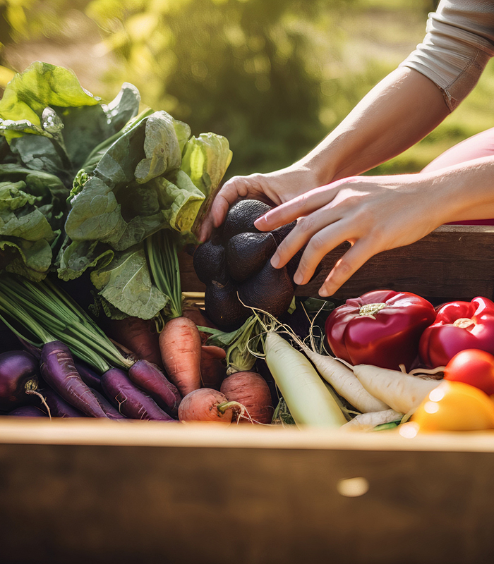 close-up, a woman in the garden harvests. vegetables in a wooden